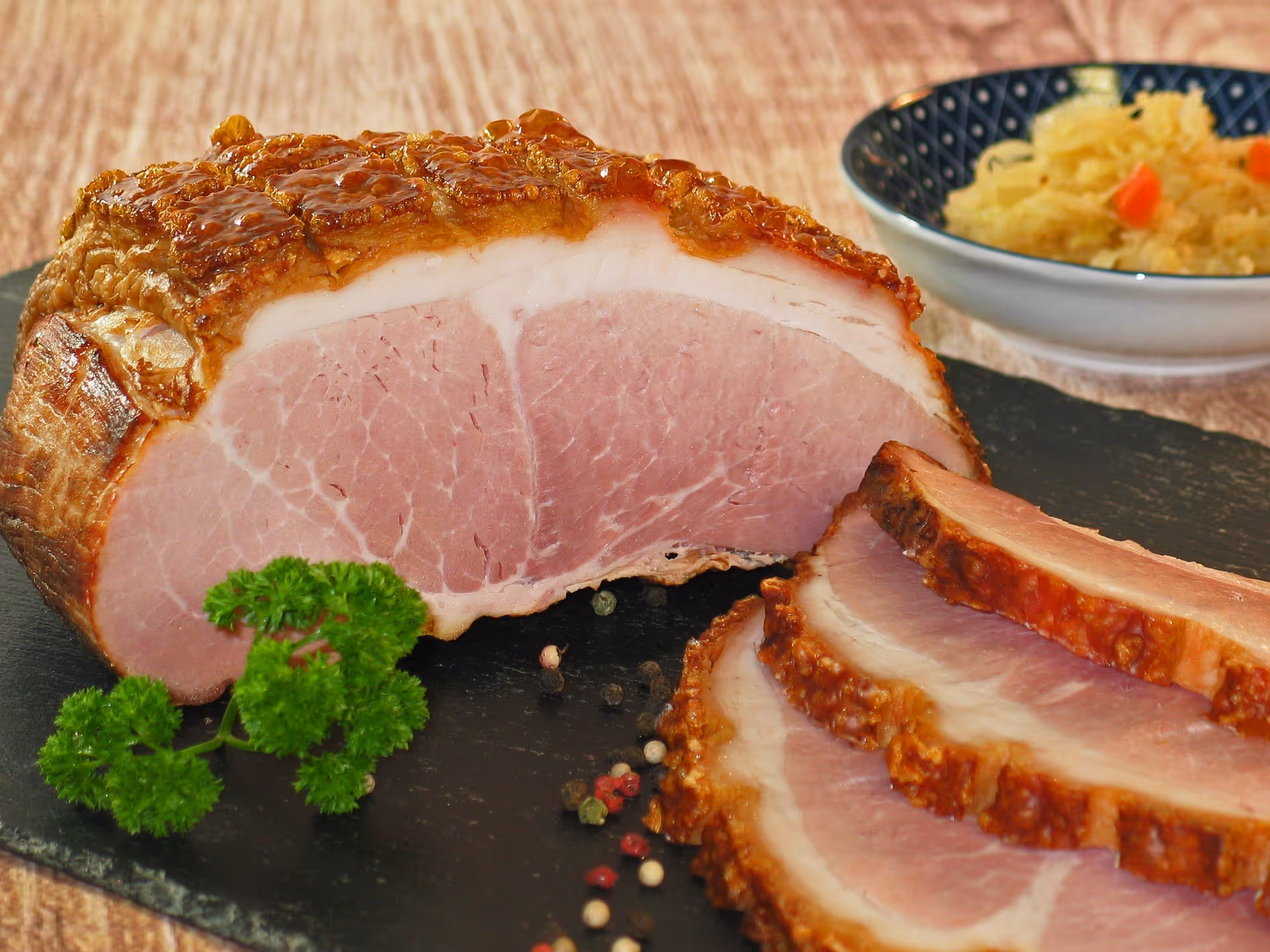 a cooked ham sliced