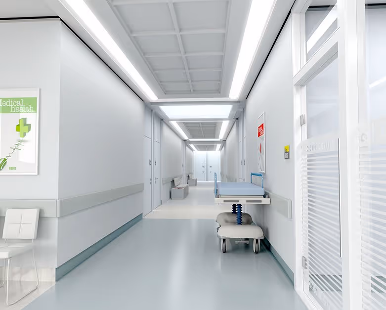 A white corridor in a hospital wing