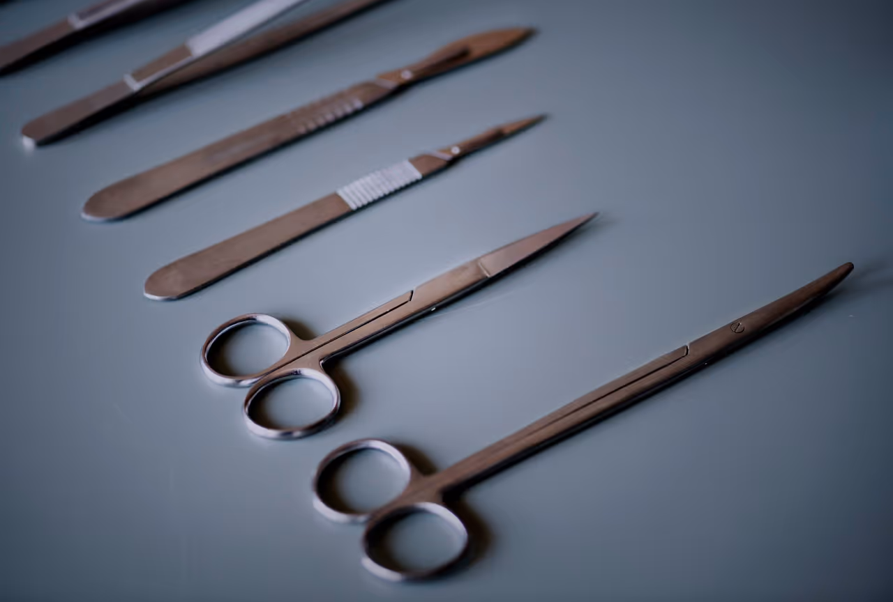 medical instruments laid out in a row