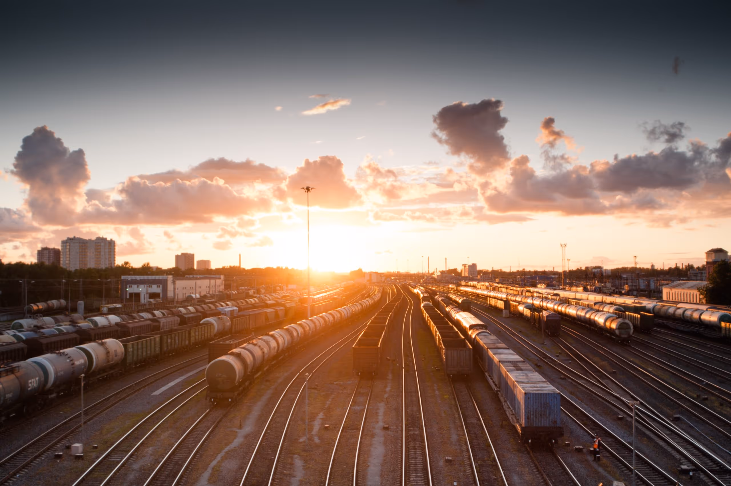 Freight trains in an Illinois rail yard, representing an Illinois railroad cancer lawsuit.