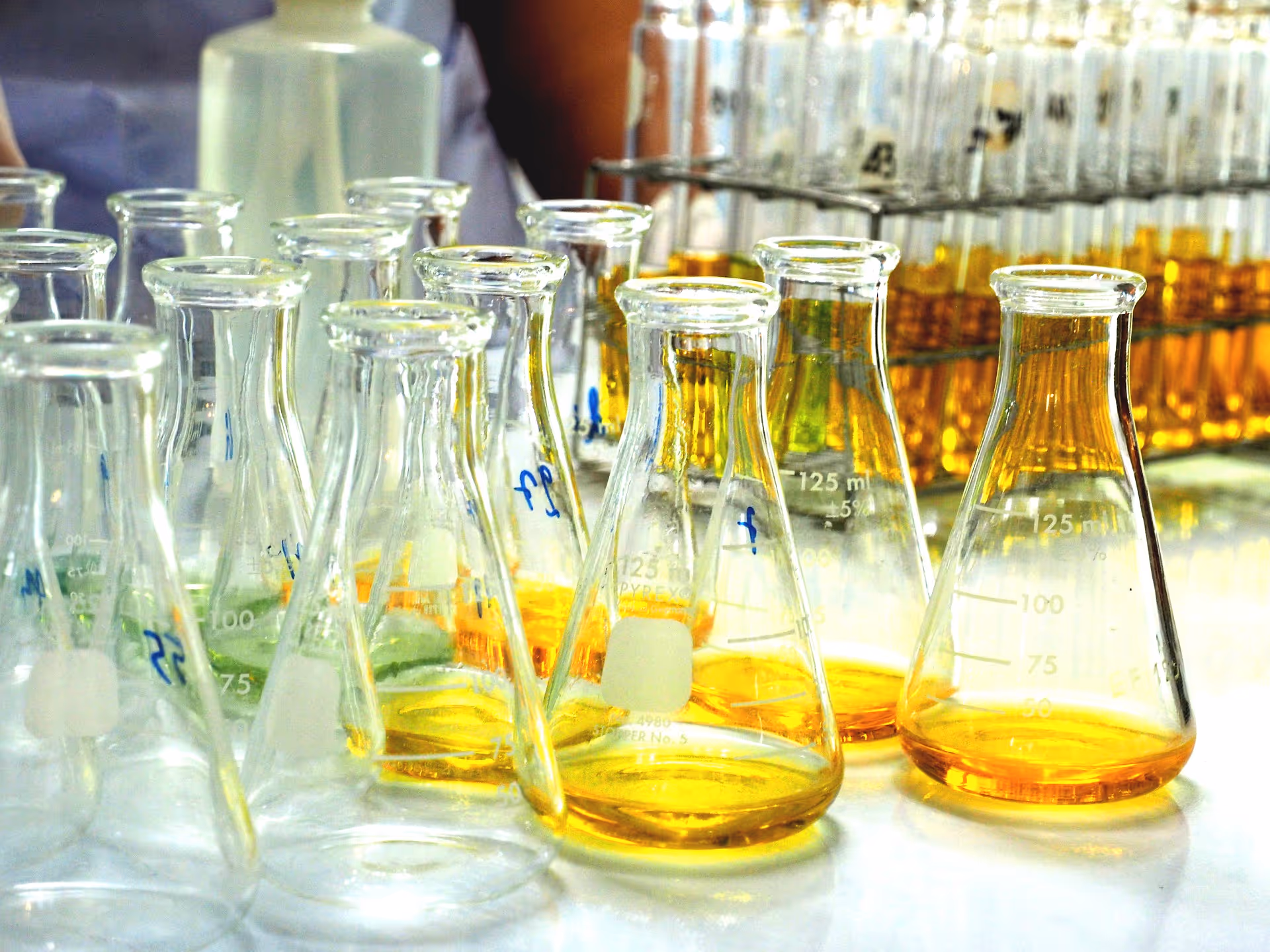 beakers with fluid in a laboratory