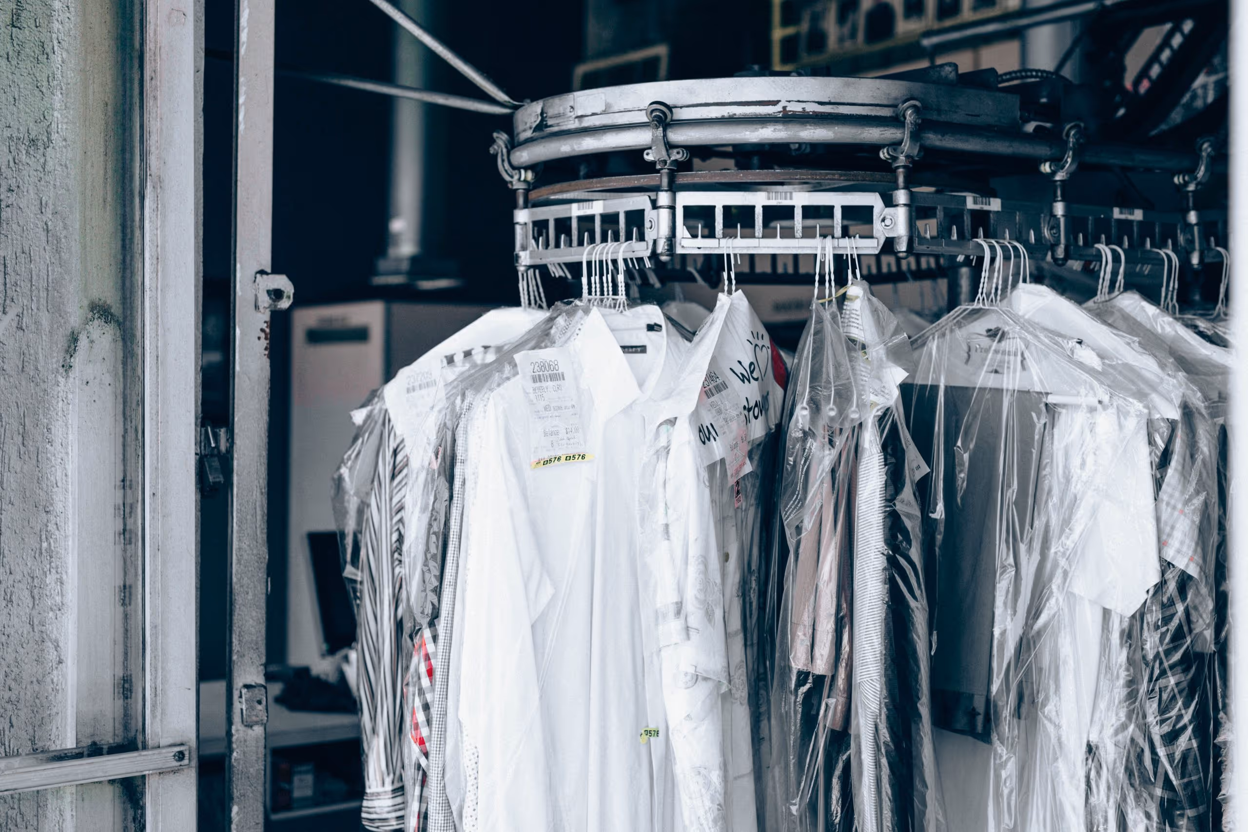 shirt hanging at dry cleaning shop