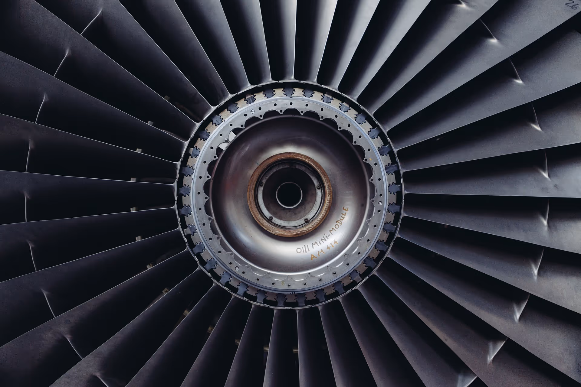 A close-up of the blades of a jet turbine