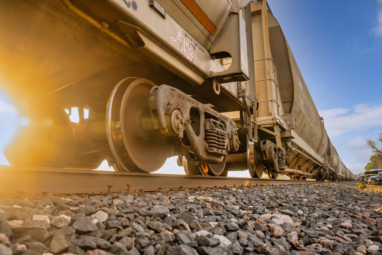 Low view of a train on railroad tracks