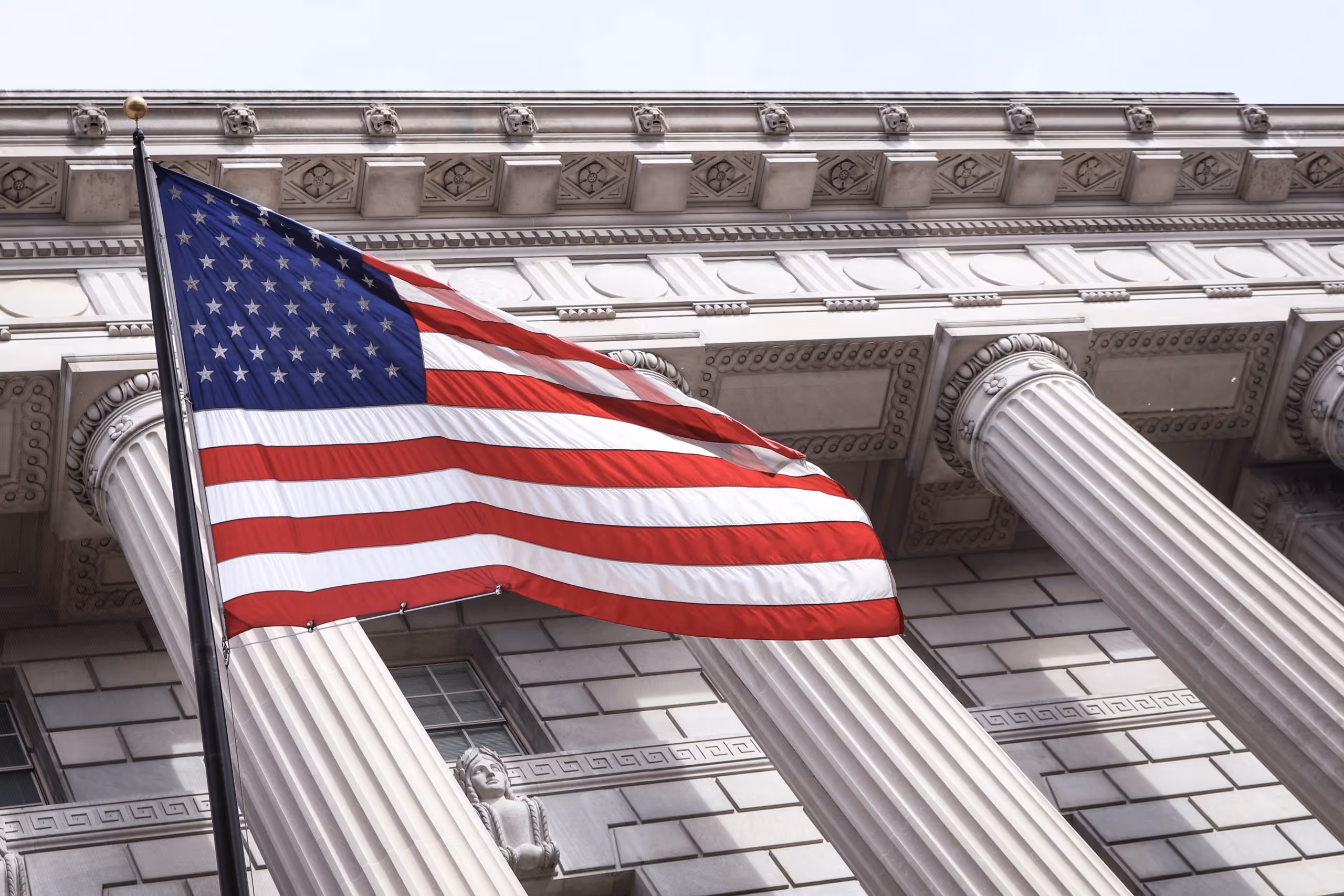 American flag flying outside courthouse