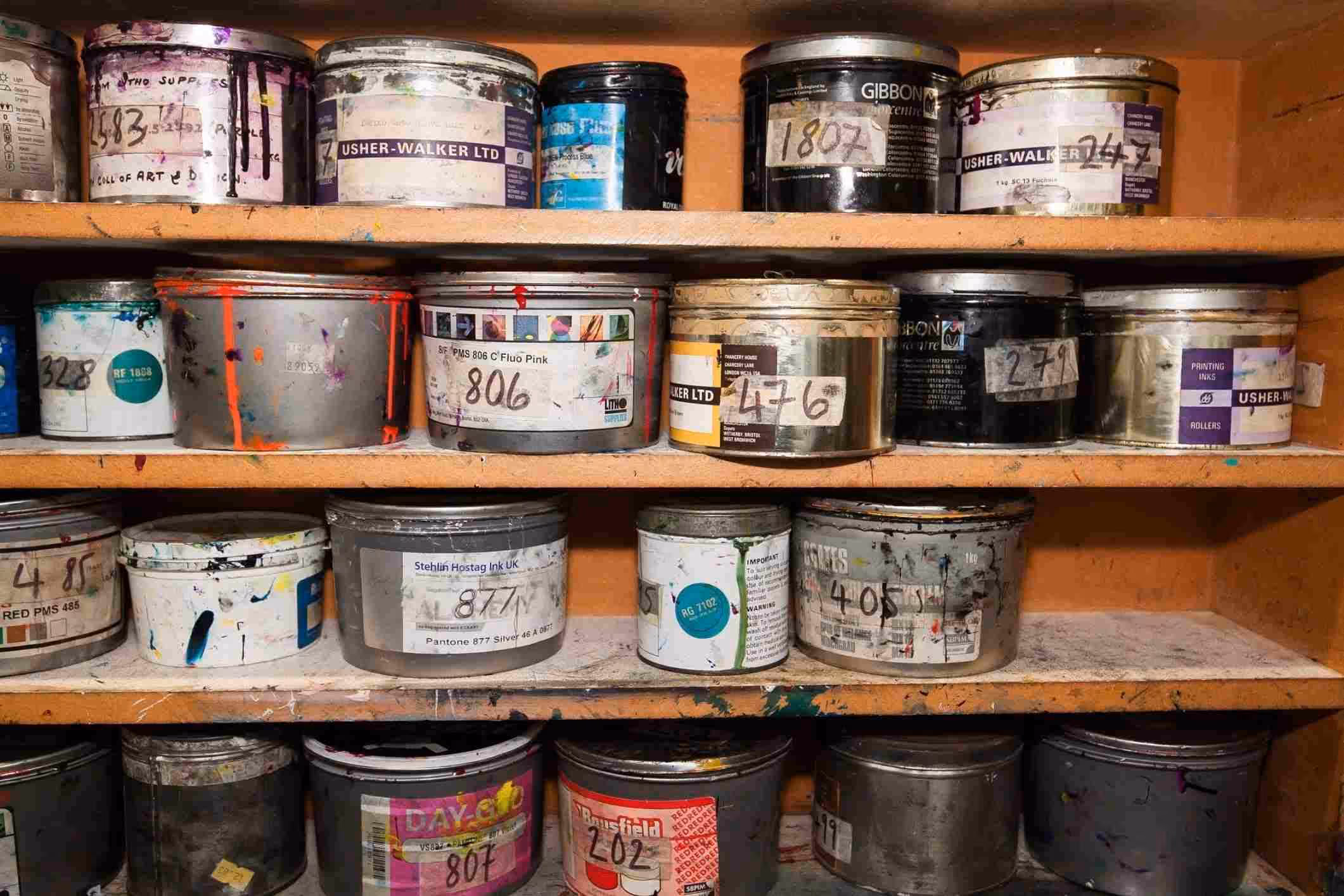 paint cans on shelves