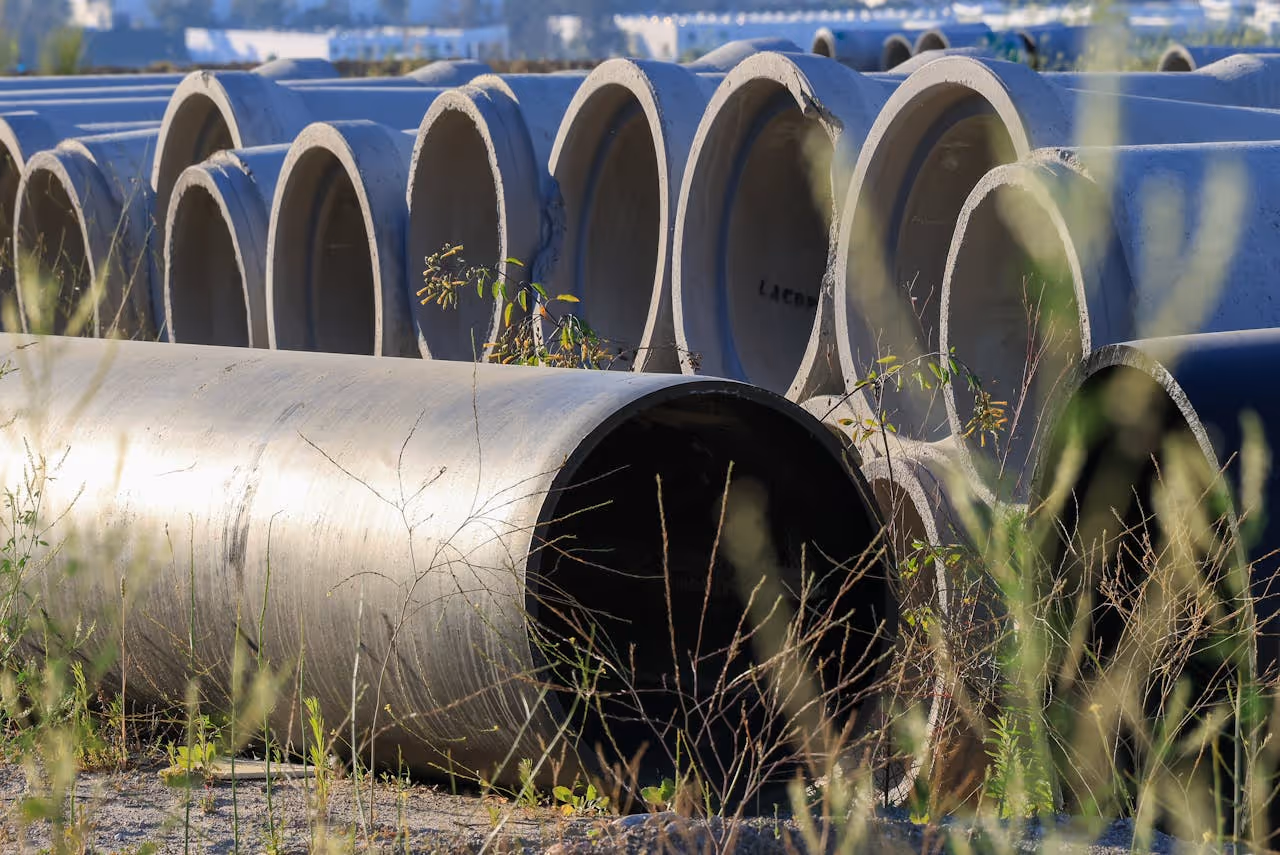 Large water pipes waiting to be installed