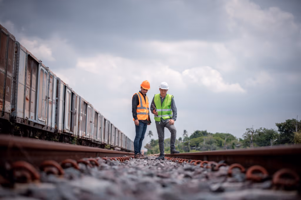 Two railroad workers stand next to each other. They might be eligible for a FELA claim if they were injured at work.