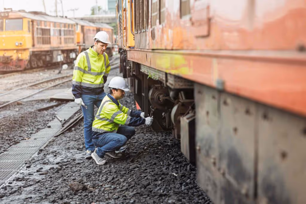 Two workers perform maintenance on a diesel engine. If they develop cancer, they may be eligible for a railroad workers cancer lawsuit.