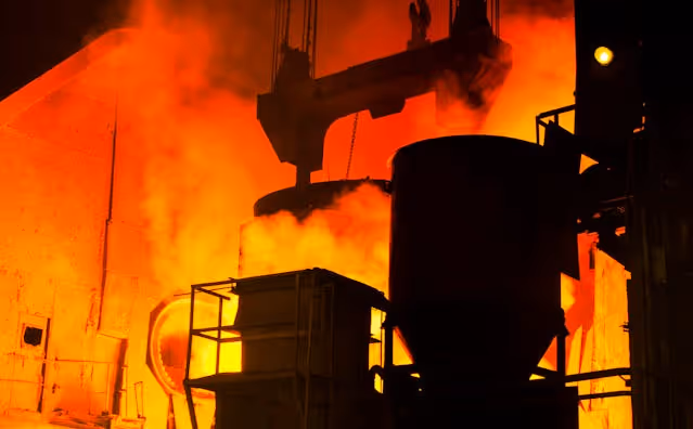 man standing in front of furnace at a steel mill