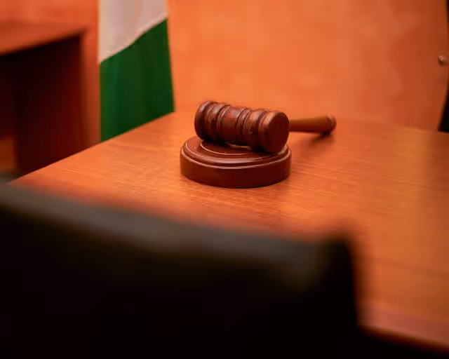 A wooden gavel in a courtroom