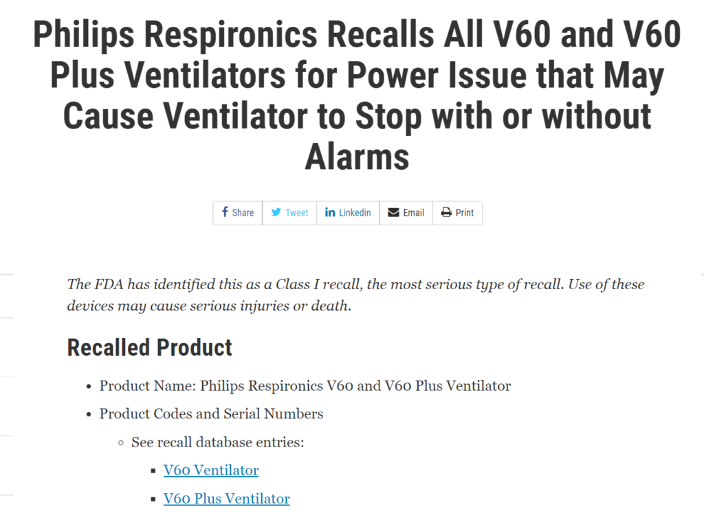 photo of the fda philips ventilator recall notice