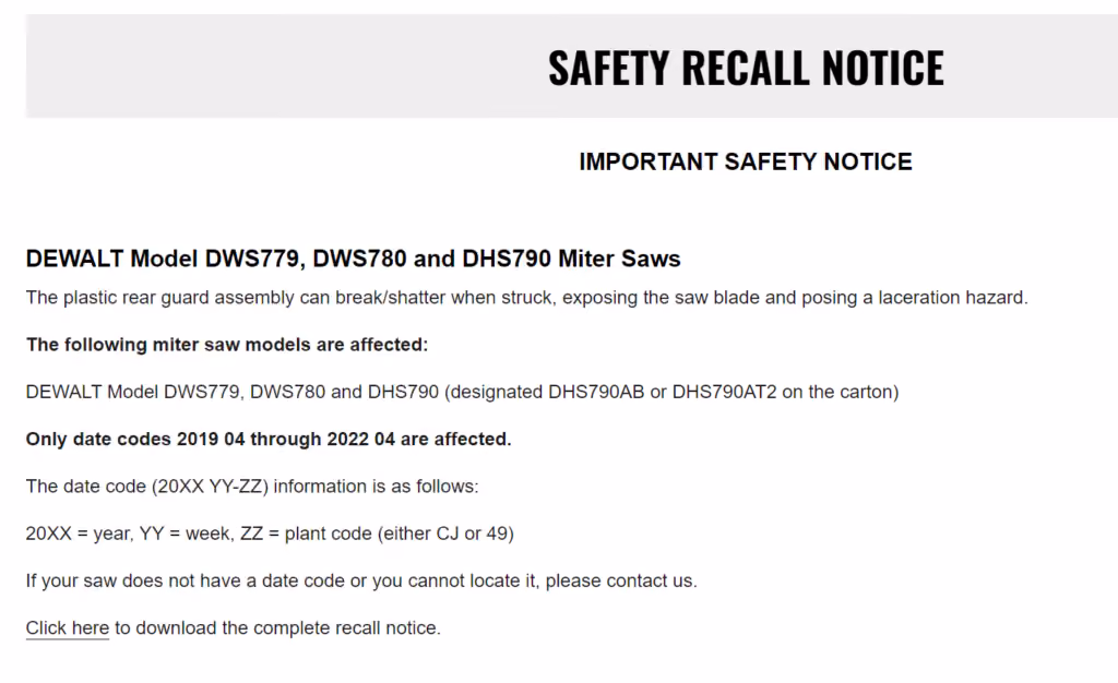 Dewalt Safety Recall Notice