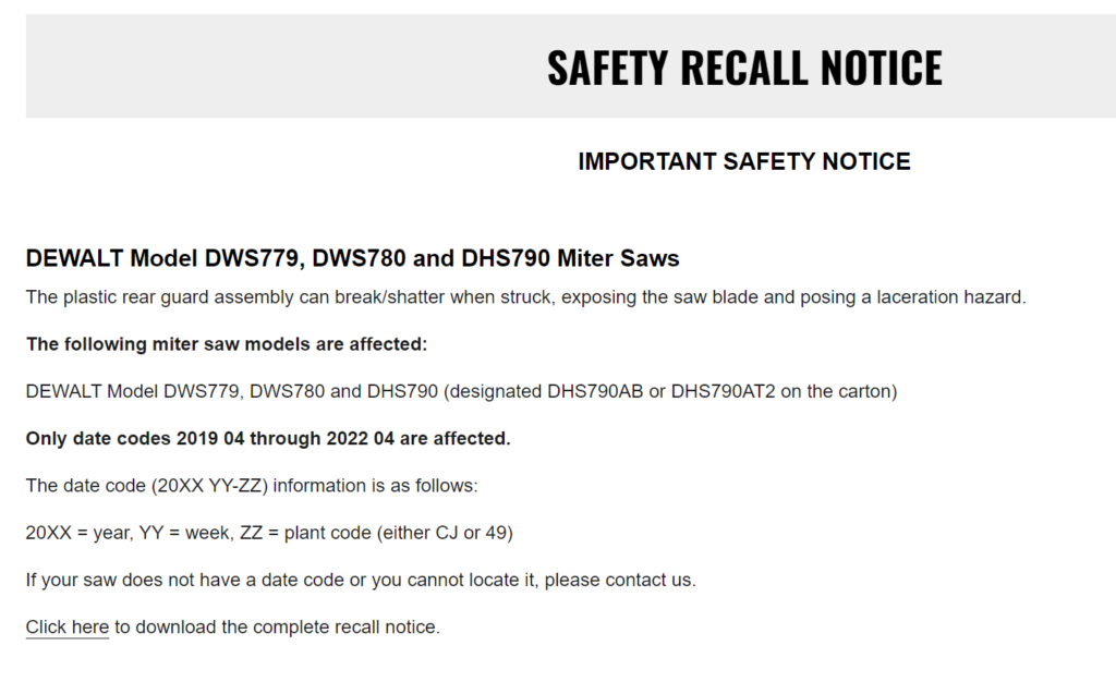 Dewalt Safety Recall Notice