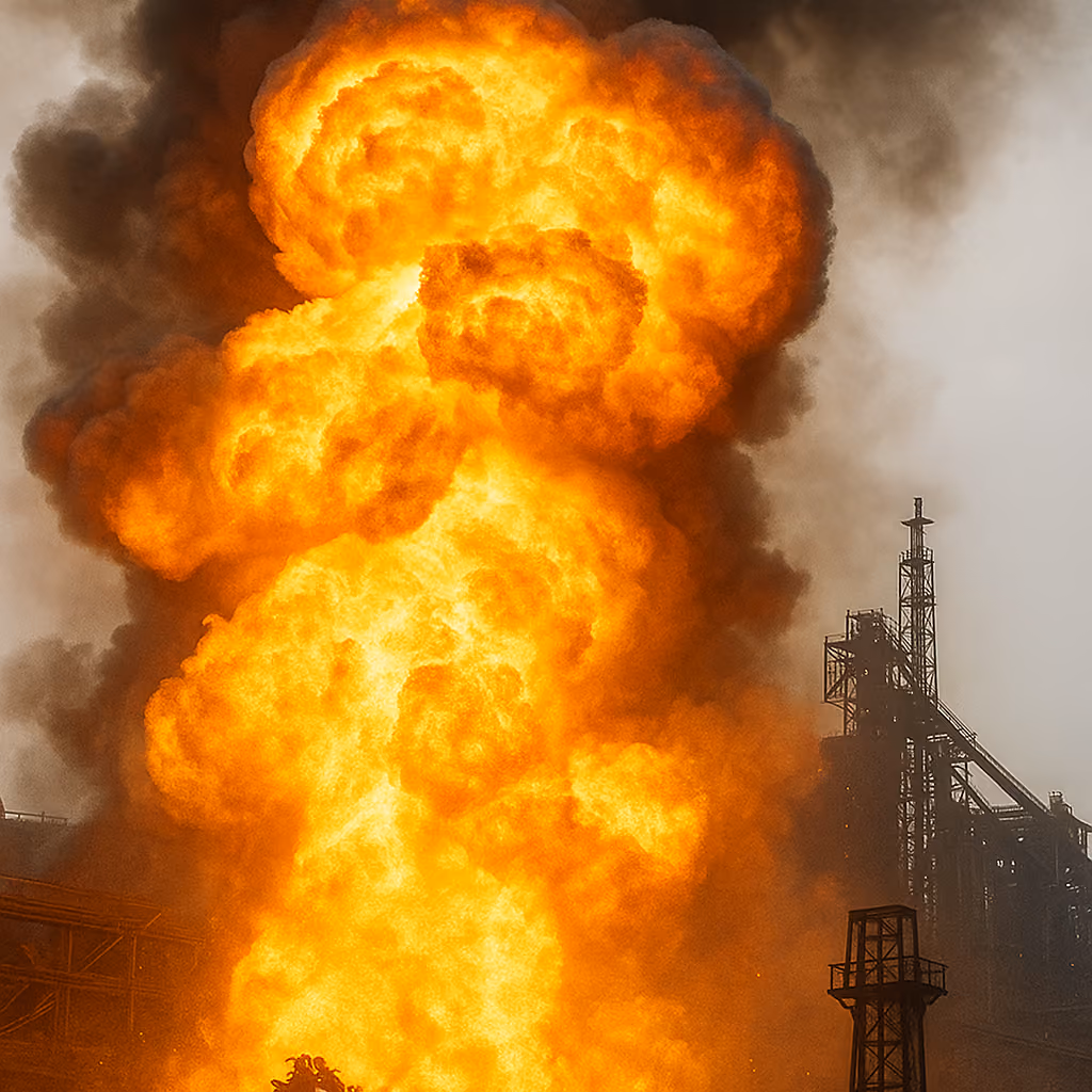 photo of an industrial explosion accident and fire