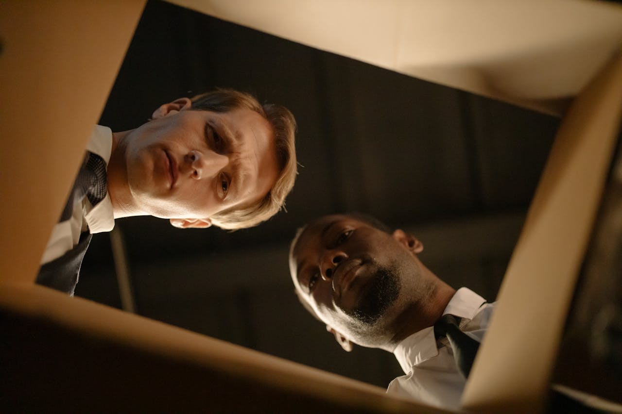 Two men peering into a cardboard box
