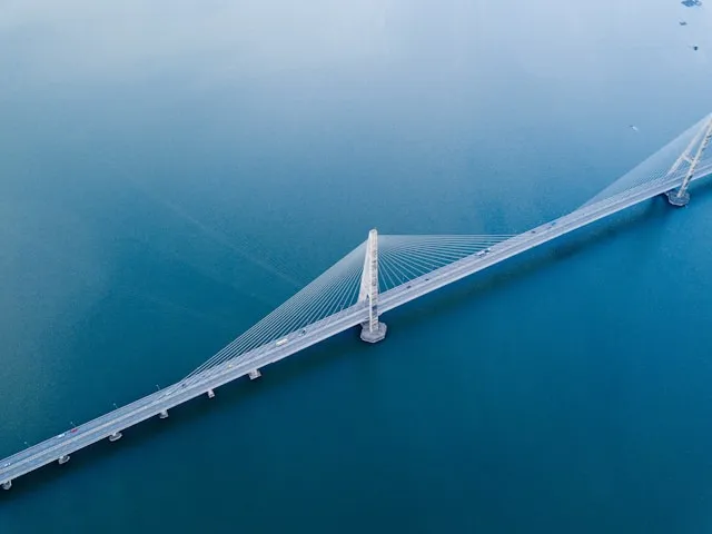 Luftaufnahme einer modernen Hängebrücke über ruhigem, blauem Wasser.