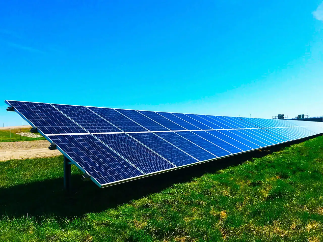 Großes Solarpanelfeld auf einer grünen Wiese unter klarem blauem Himmel.