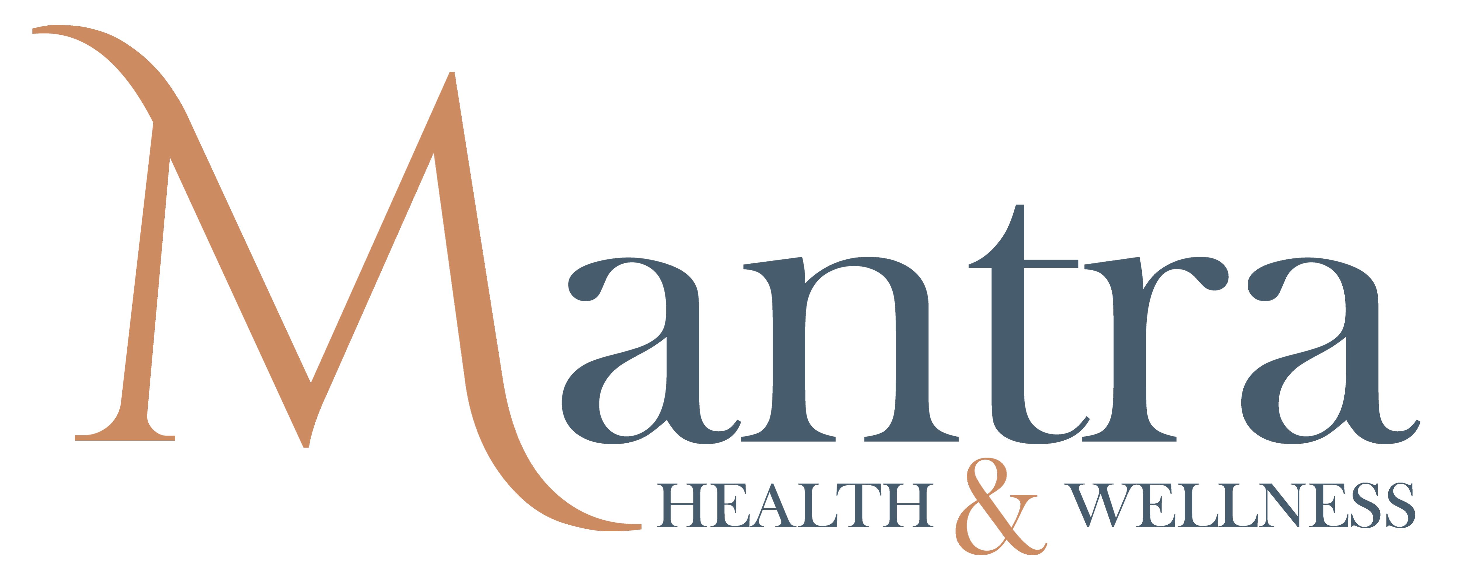 Mantra logo with 'Health & Wellness' tagline in gray and brown text on transparent background.
