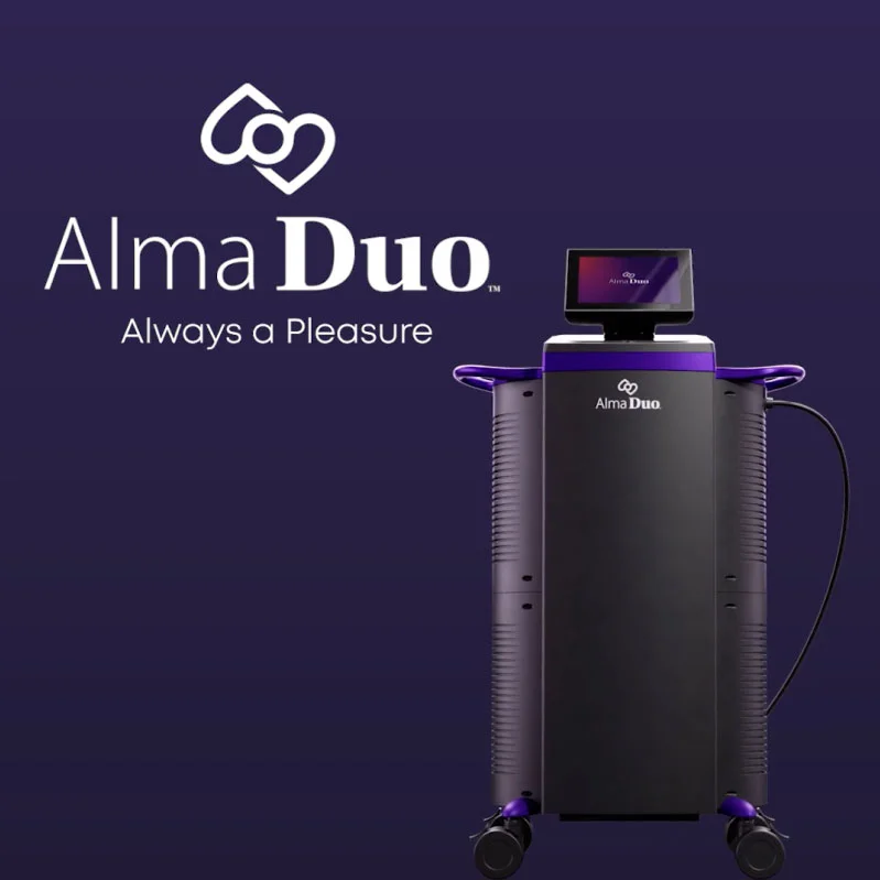 Alma Duo medical device with touchscreen on wheels against purple background and Alma Duo logo text.