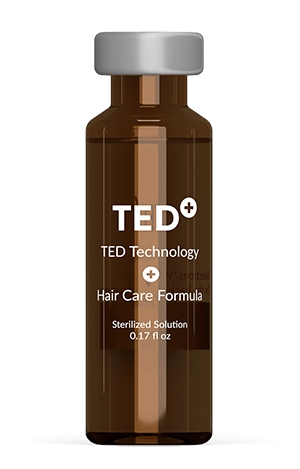 Brown glass bottle labeled TED+ Hair Care Formula with sterilized solution, 0.17 fl oz.