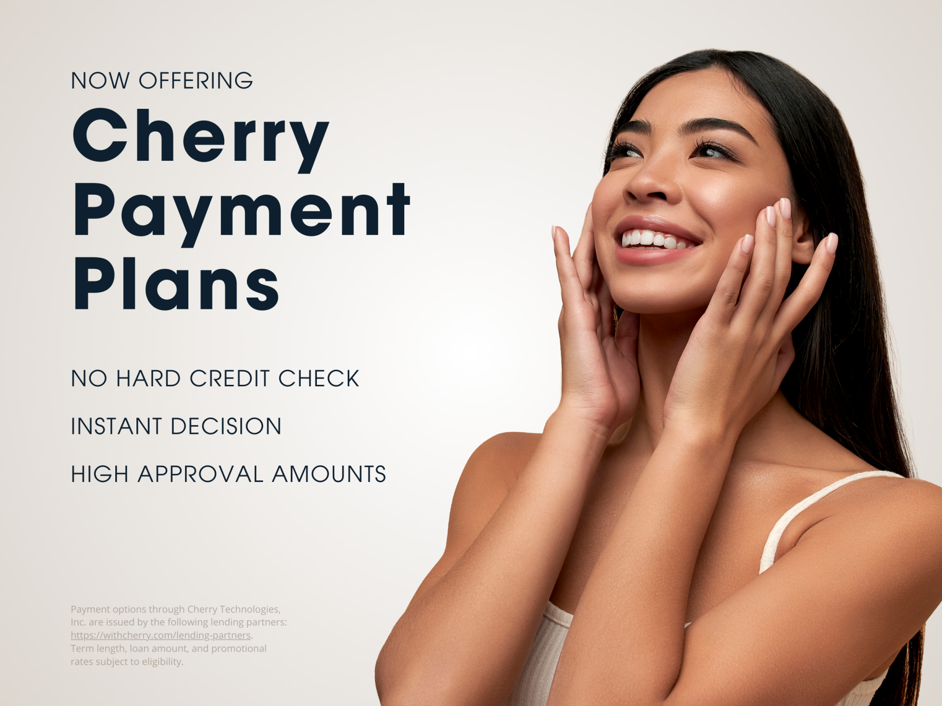 Smiling woman looking up with hands near face next to text about Cherry Payment Plans benefits.