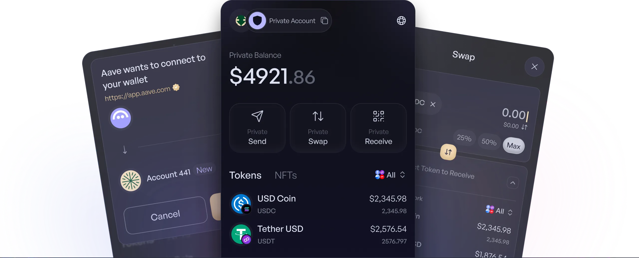 Hinkal Wallet app screens showing balances, tokens and swaps