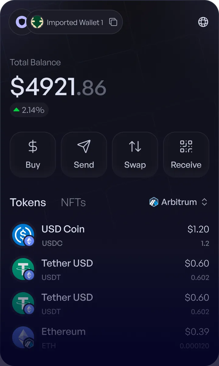 Hinkal Wallet public account with total balance and token list