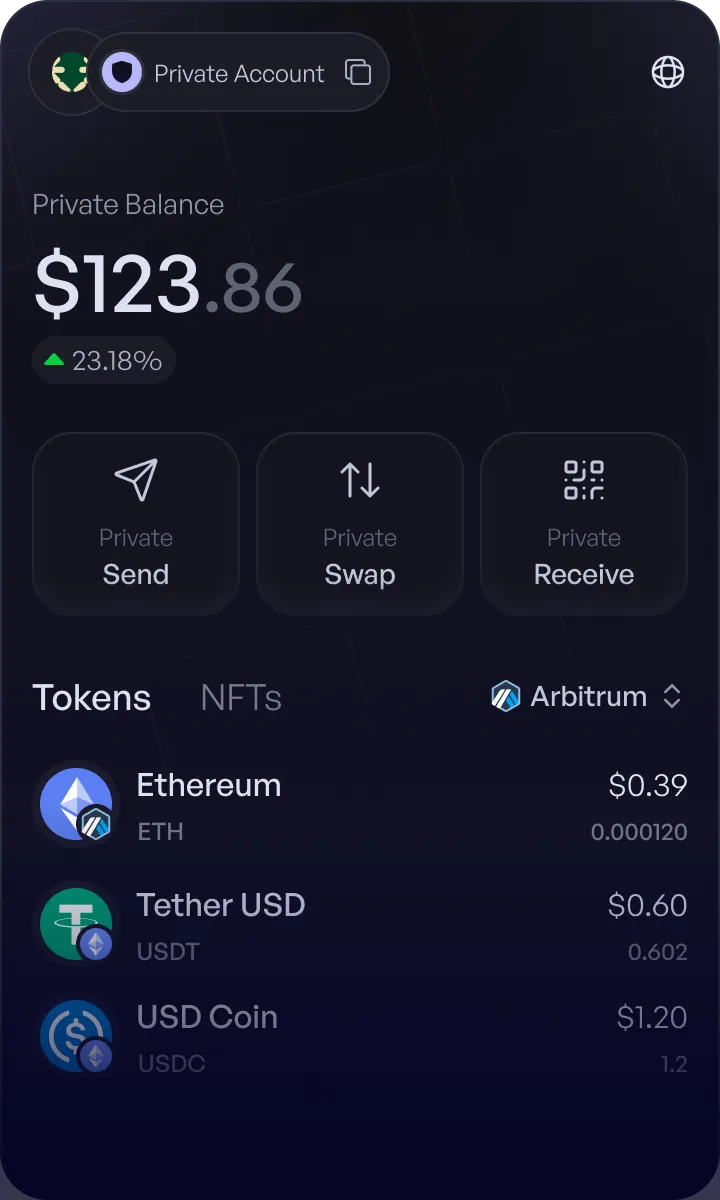 Hinkal Wallet private account with private balance and token list