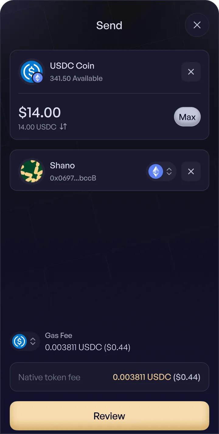 Hinkal Wallet send screen for a USDC payment to a recipient