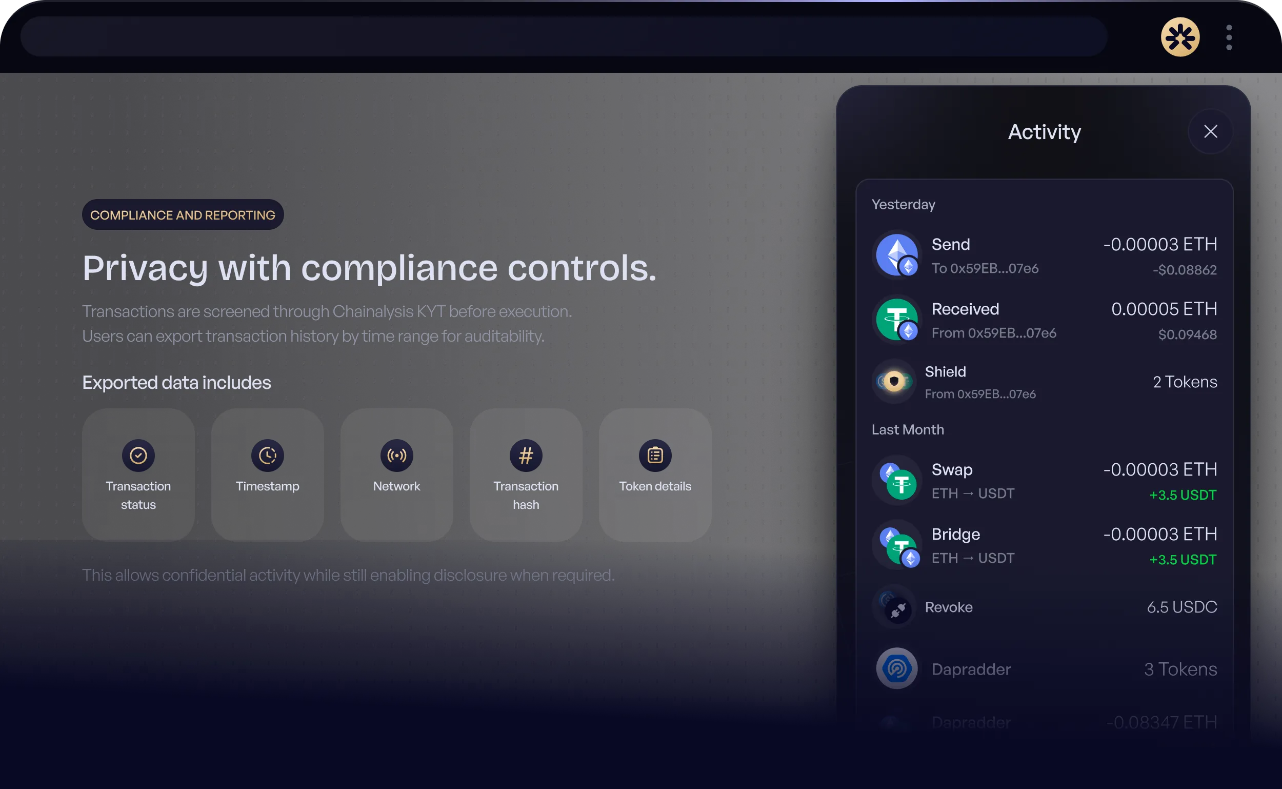 Hinkal Wallet activity view with compliance controls and transaction history export