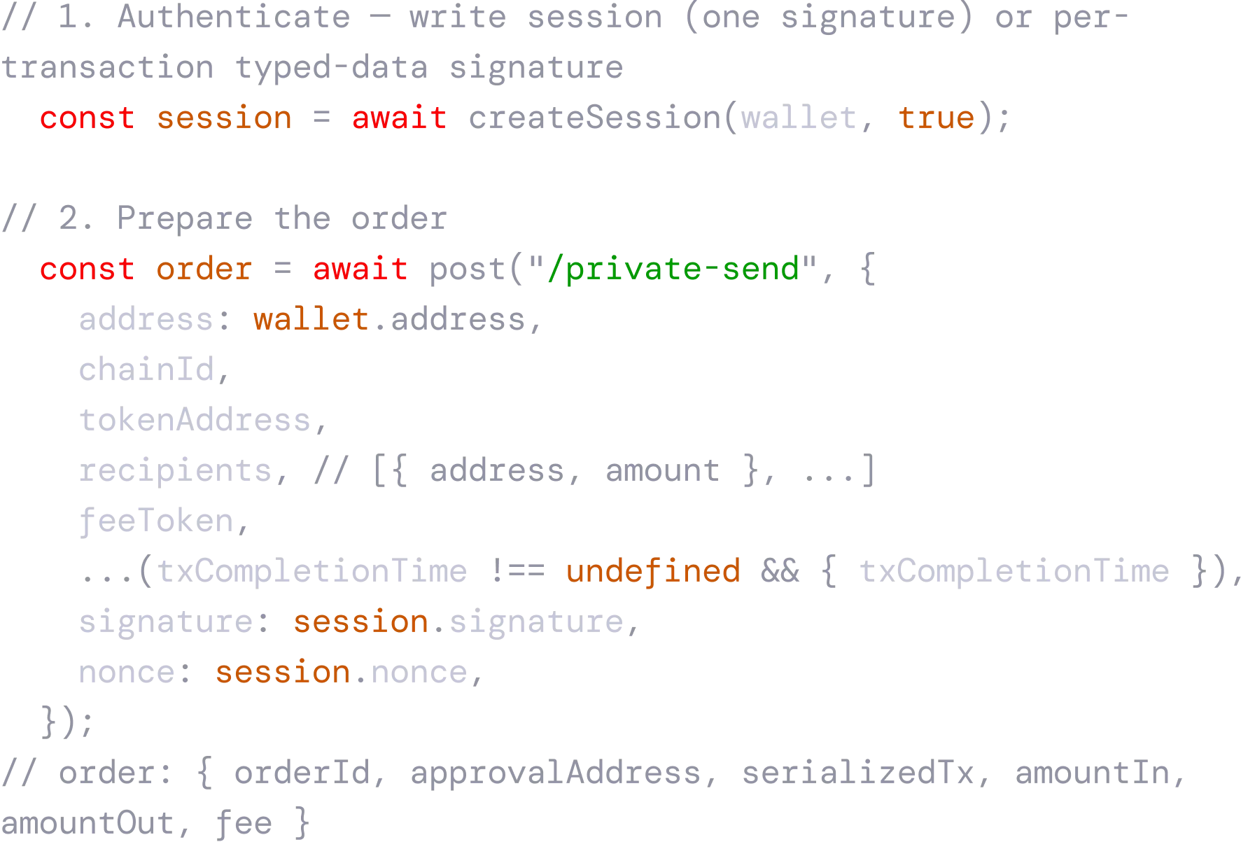 Code example: creating a session and a private send order with the Hinkal API