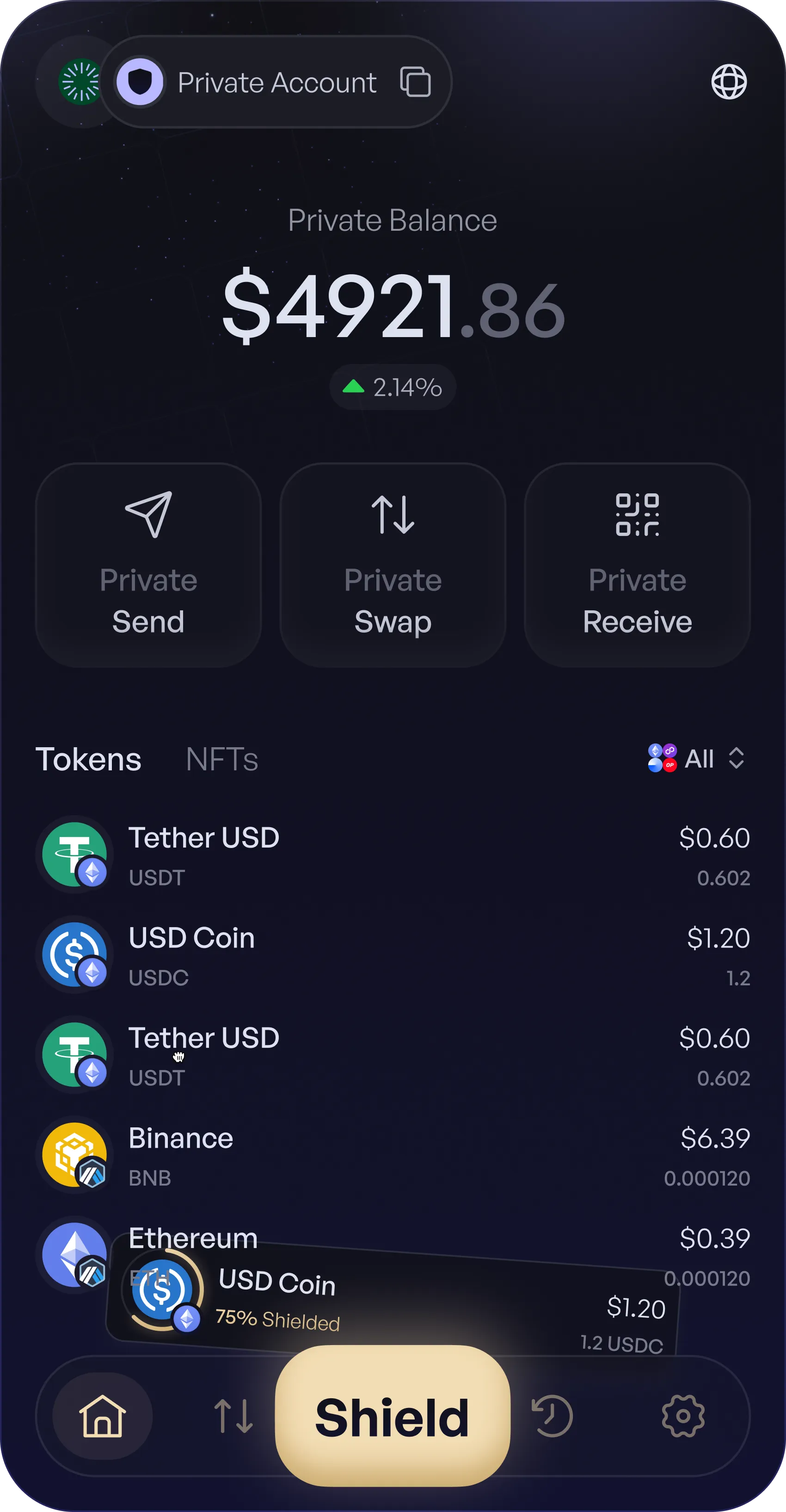 Hinkal private account screen with the Shield action