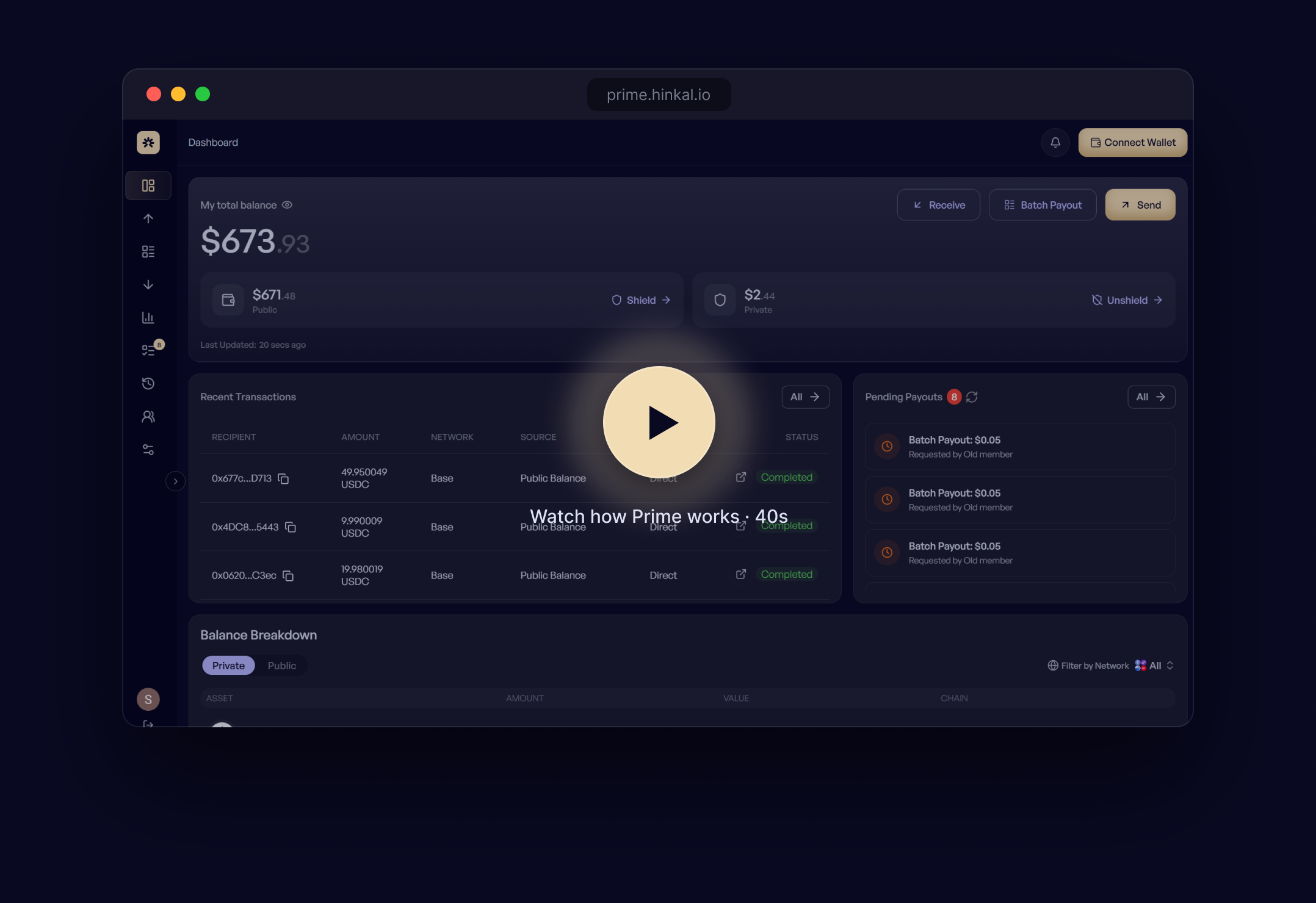Hinkal Prime dashboard