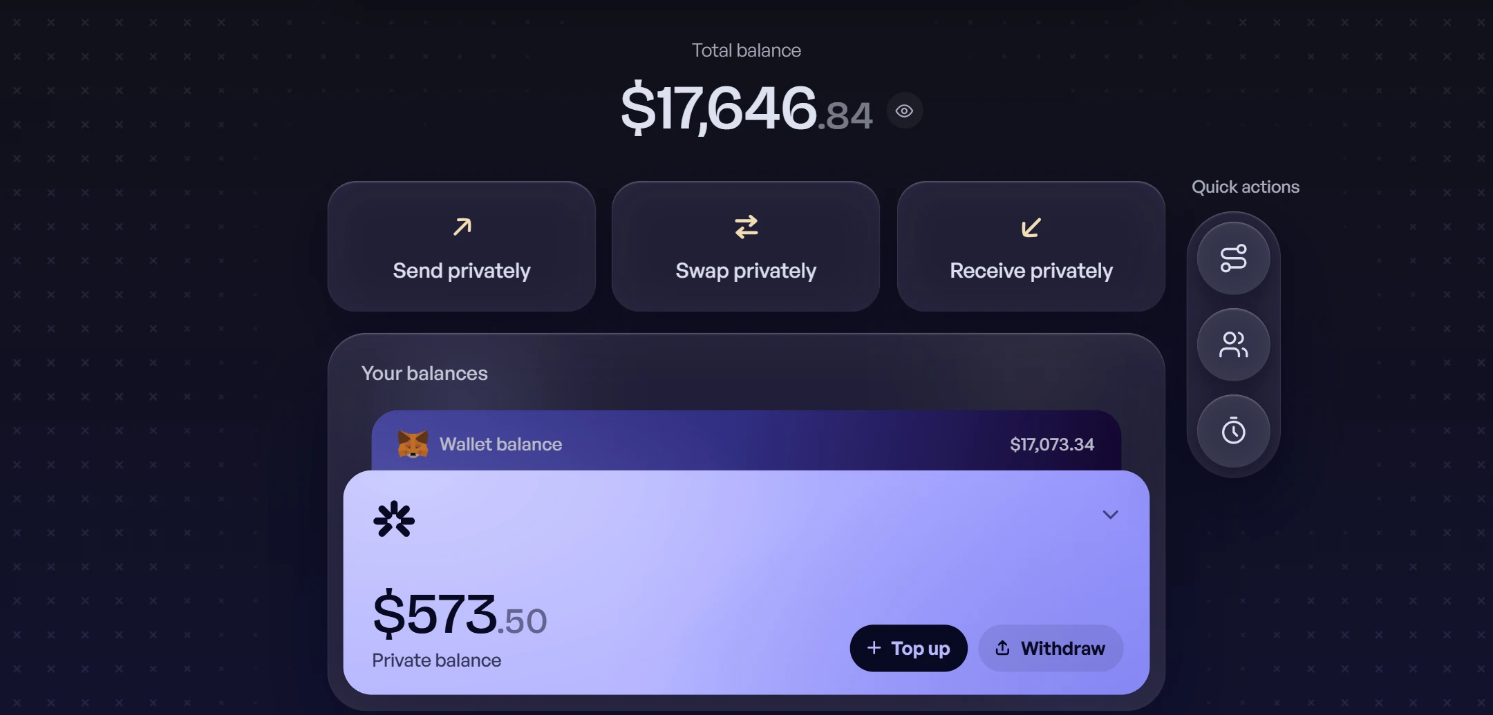 Hinkal Pay: total balance, send, swap and receive privately, and your wallet and private balances