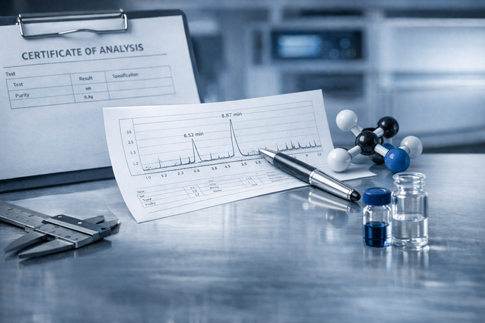 Laboratory table with a certificate of analysis on a clipboard, chromatogram printout with a pen, molecular model, caliper, and two small glass vials.