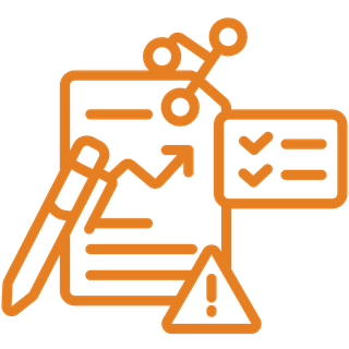 Icon of a pen, a document with a rising arrow graph, a checklist, and a warning triangle symbolizing analysis or review process.
