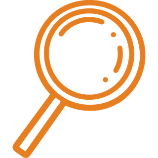 Orange magnifying glass icon with a handle angled to the lower left.