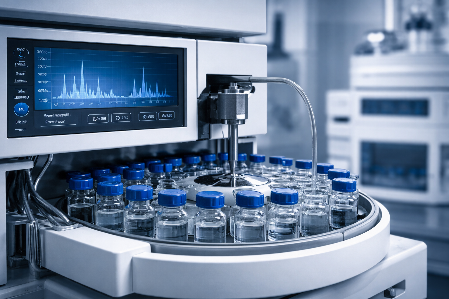 Laboratory instrument with multiple small glass vials with blue caps arranged in a circular tray and a digital display showing a chemical analysis graph.