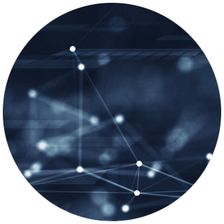 Abstract digital network with interconnected glowing nodes and lines on a dark blue background.