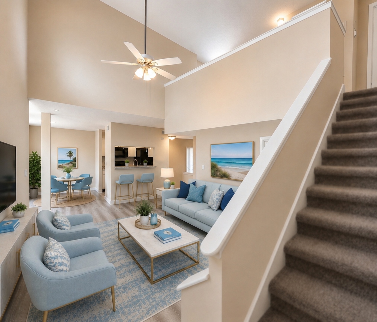 Entrance overview of living room and stairs