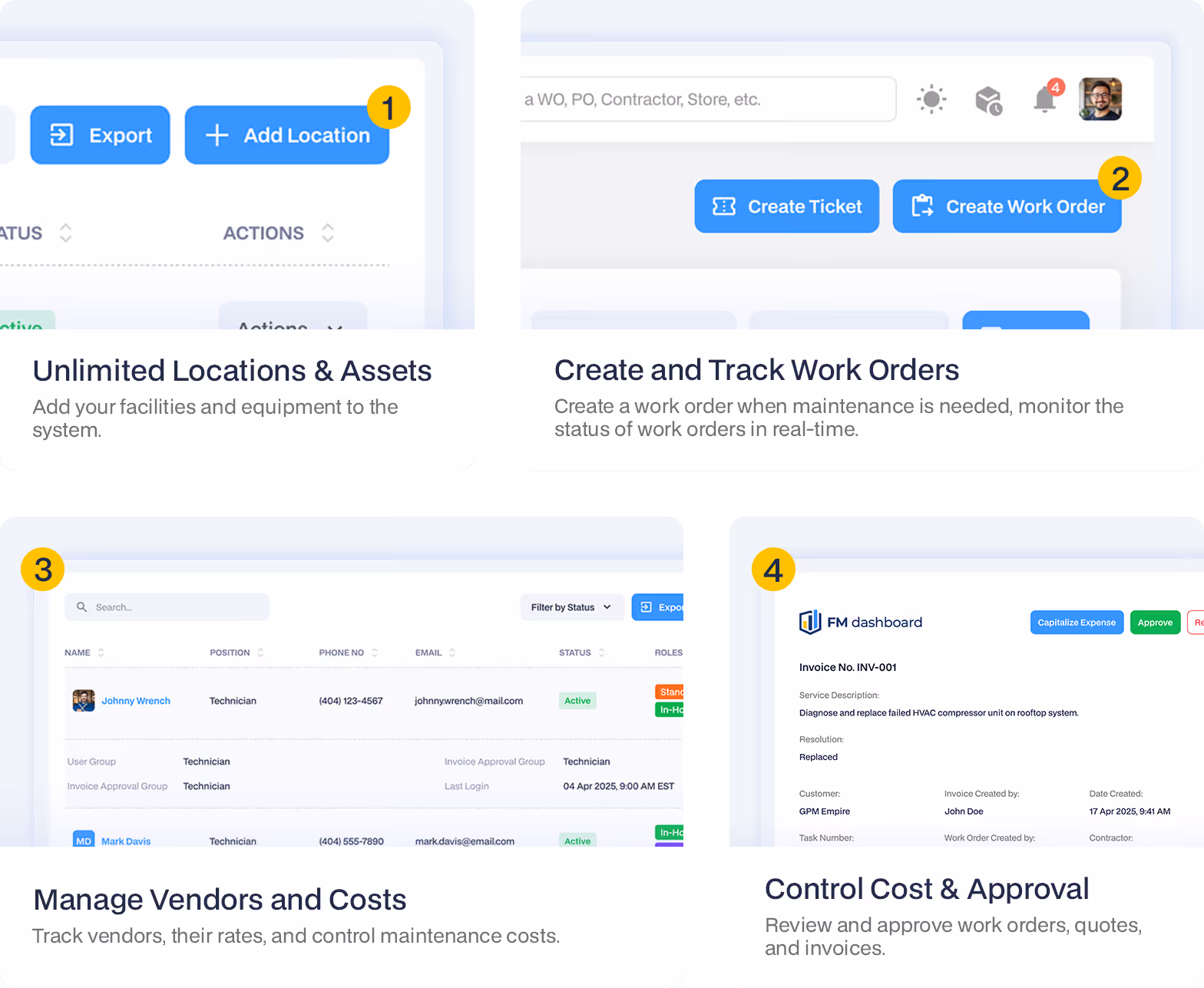 Facilities management software dashboard showing work order tracking, asset management, and vendor invoice approvals.