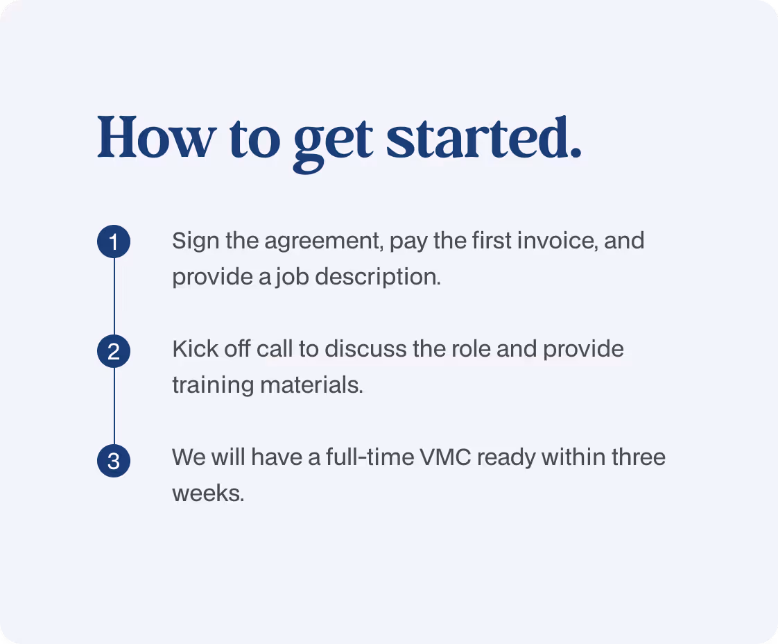 Onboarding steps for virtual maintenance coordinator services: agreement signing, kick-off call, and full-time placement within three weeks.