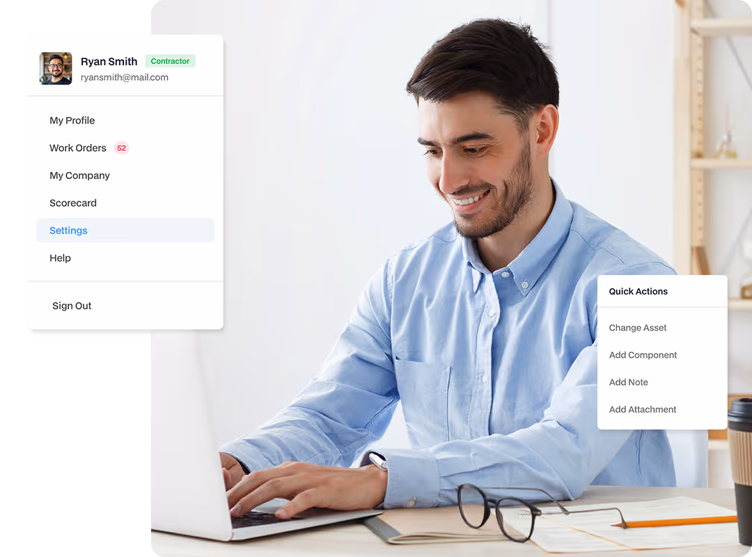 A contractor profile dashboard showing work order counts, asset settings, and quick actions for adding maintenance notes.