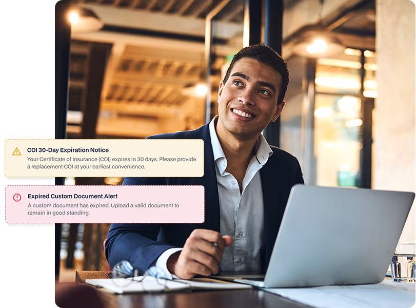 An automated compliance alert system showing notifications for Certificate of Insurance (COI) expiration and expired custom documents.