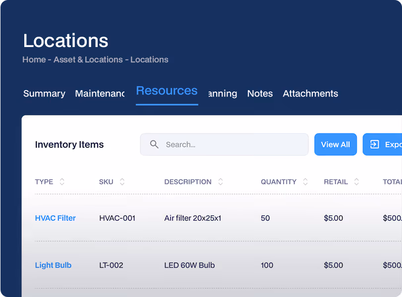 Facility inventory management dashboard tracking location resources like HVAC filters and light bulbs with SKU and quantity data.