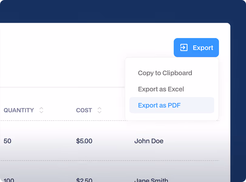Inventory data export interface allowing users to download facility resource reports as Excel or PDF files.