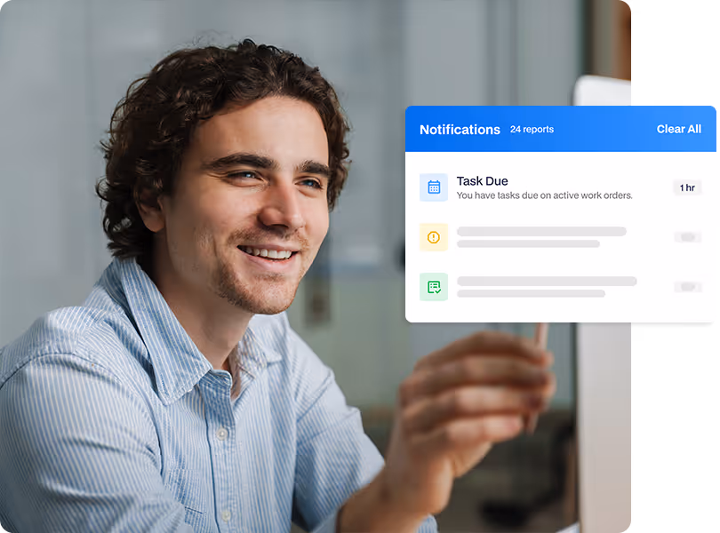 A customer success manager reviewing real-time task due notifications and work order status updates for facility maintenance.