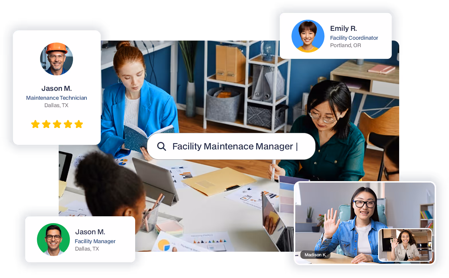 Digital dashboard showing facility maintenance candidate profiles, including technicians and managers, with star ratings and a search bar for recruitment optimization.