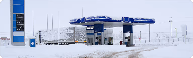 A gas station and a large delivery truck covered in heavy snow during a winter storm.